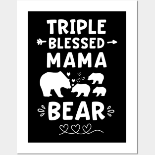 Triple Blessed Mama Bear Heart & Arrow Three Baby Cubs Mom Posters and Art